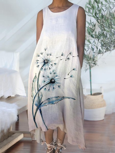 

Dandelion Print Holiday Casual Round Neck Loosen Sleeveless Maxi Dresses, White, Dresses