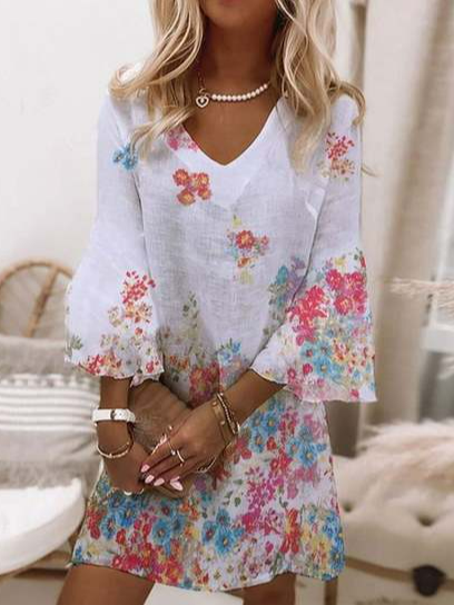 

Vacation Floral Cotton Blends Dresses, White, Floral Dresses