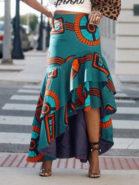 

Elegant Slim Fit Printed Flouncing Mermaid Skirt, Cyan, Midi Skirts
