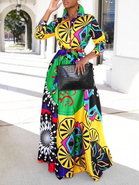 

Shirt Collar Printed Long Sleeve Dress, Multicolor, Maxi Dresses