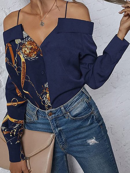 

Sexy Loosen Buttoned Cotton Blends Boat Neck Shirts & Tops, Blue, Blouses & Shirts