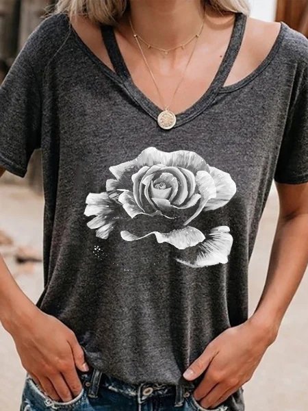 V Neck Floral Cotton Blends Shirts & Tops, Deep gray, T-Shirts