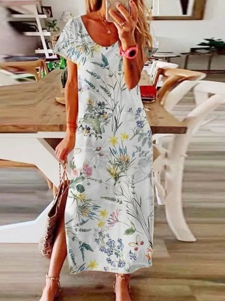 

Casual Vacation Floral Regular Fit Cotton Blends Maxi Dresses, White, Floral Dresses