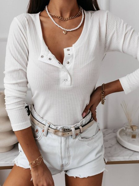

Round Neck Casual Plain Long Sleeve T-shirt, White, T-Shirts