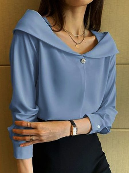 

Plain Heart-Shaped Collar Elegant Top, Blue, Blouses and Shirts