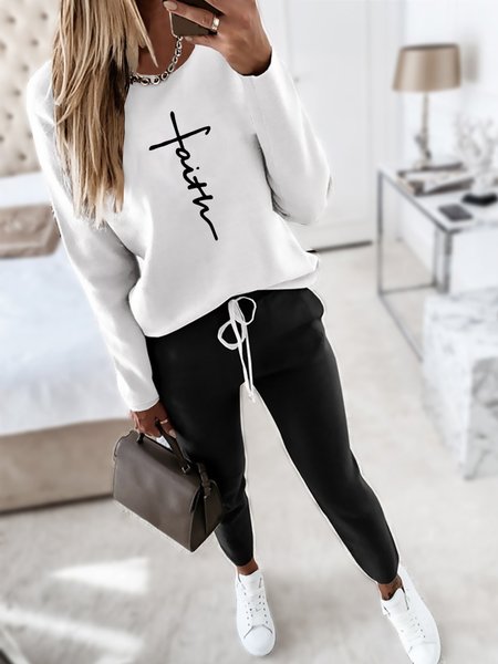 

Letter Casual Sporty Crew Neck Color Block Cotton Blends Suits, Black-white, Two-piece Outfits