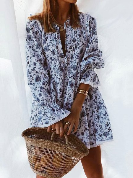 

Casual Lace V neck Floral Loosen Long Sleeve Dresses, Blue, Mini Dresses