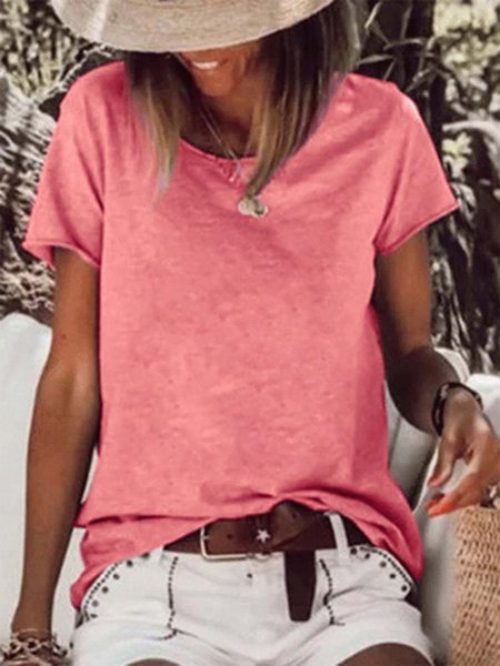Crew Neck Casual Short Sleeve T-shirt, Red, T-shirts