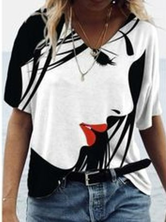 

V Neck Abstract Casual Shirts & Tops, Black-white, T-Shirts