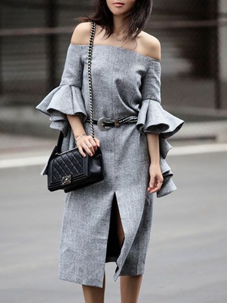 

Regular Fit Elegant Plain Daily Dress, Gray, Midi Dresses