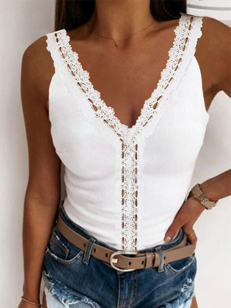 

V neck Lace Casual Plain Vests, White, Tank Top