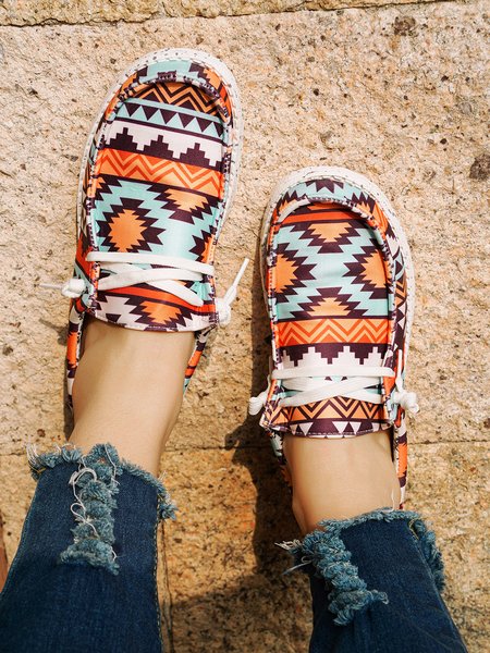 

Ethnic Pattern Lace-up Shoes, Yellow, Flats