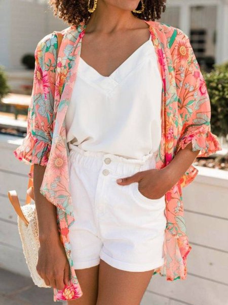 

Regular Fit Collarless Floral Outerwear, Multicolor, Outerwear