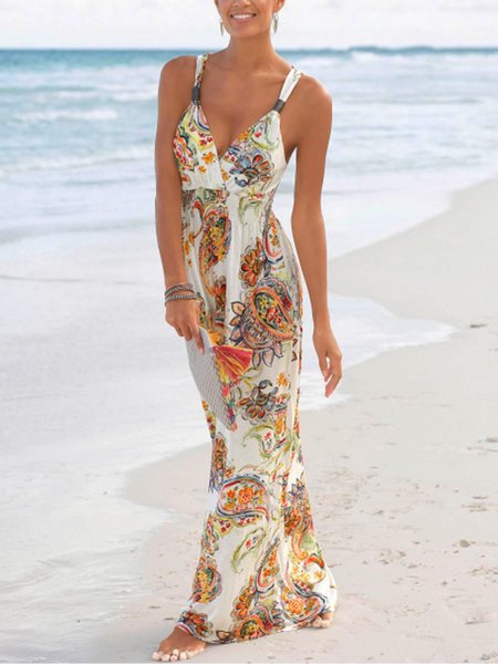 

Casual Sleeveless V Neck Plus Size Printed Dress, As picture, Maxi Dresses