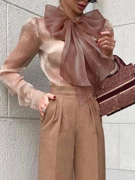 

Tie Neck Elegant Long Sleeve Regular Fit Top, Brown, Tops
