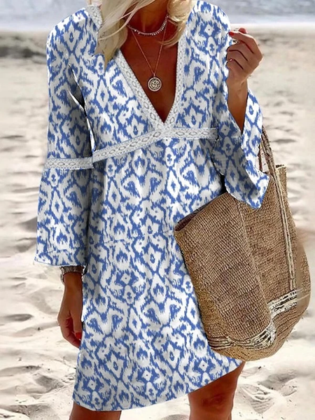 

Tribal Casual Vacation Cotton Blends Knee Long sleeve Woven Dress, Blue, Mini Dresses