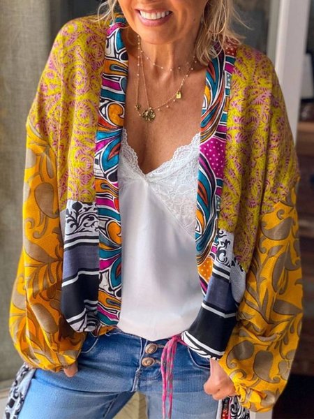 

Loosen Boho Collarless Cardigan, Yellow, Outerwear