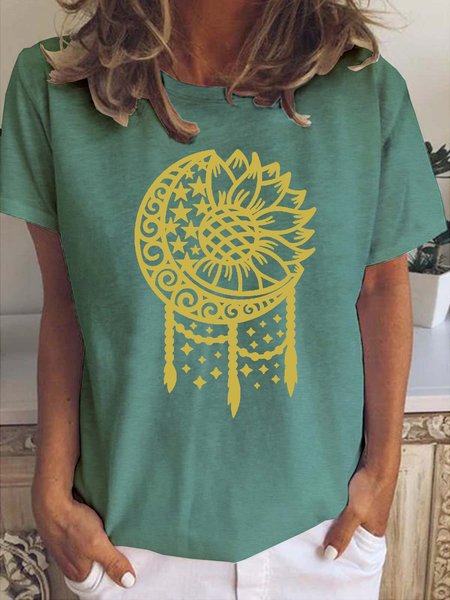 

Sunflower Print Crew Neck Short Sleeve T-Shirt, Green, T-shirts