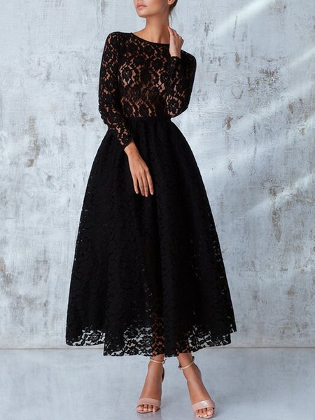 

Romantic Crew Neck Long Sleeve Regular Fit Midi Dress, Black, Maxi Dresses