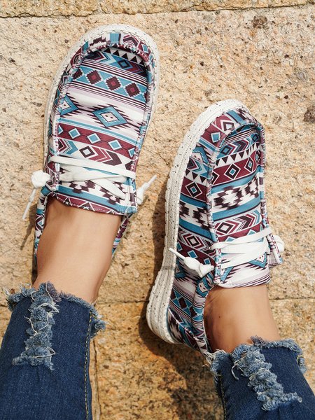 

Ethnic Pattern Lace-up Shoes, Blue, Flats