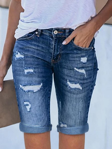 

Ripped Regular Fit Denim Shorts, Blue, Denim Shorts