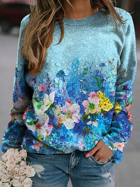 

Romantic Floral Crew Neck Loosen Cotton Blends Shirts & Tops, Flower, T-Shirts