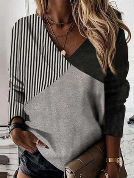 

Color Block V Neck Striped Casual Shirts & Tops, Gray, Long sleeve tops