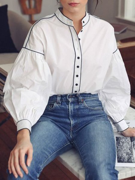 

Elegant Regular Fit Stand Collar Color Block Shirt, White, Blouses and Shirts