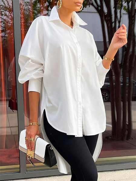 

Plain Long sleeve Casual Shirt Collar Long Sleeve Blouse, White, Blouses & Shirts
