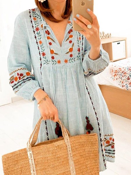 

Boho Tribal Floral Printed Loosen V Neck Lace-Up Dresses, Flower, Mini Dresses