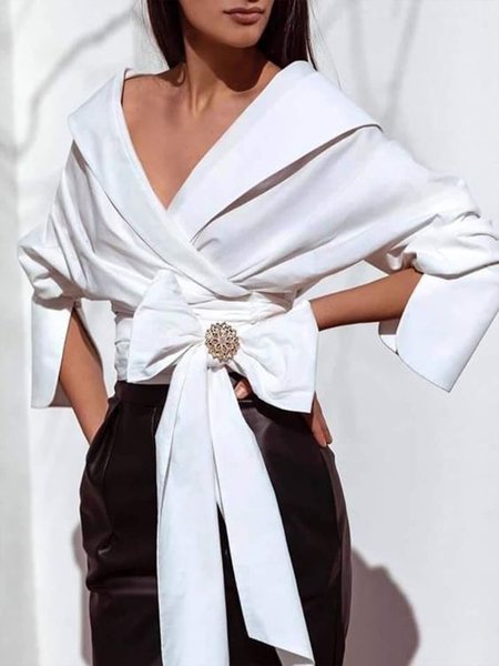 

Elegant Lapel Plain Long sleeve Tops, White, Blouses and Shirts