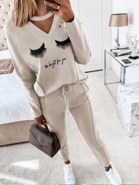 

Casual Set Beige Letter Eye Heat Transfer Pullover Sweatshirt and Sweatpants, Light camel, Suit Set