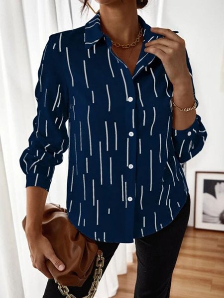 

Casual Striped Shirt Collar Long Sleeve Blouse, Deep blue, Blouses & Shirts