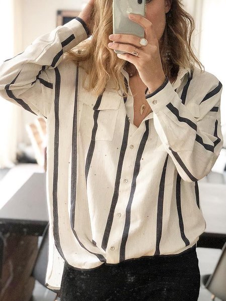 

Striped Shirt Collar Buttoned Long Sleeve Blouse, Black-white, Blouses & Shirts