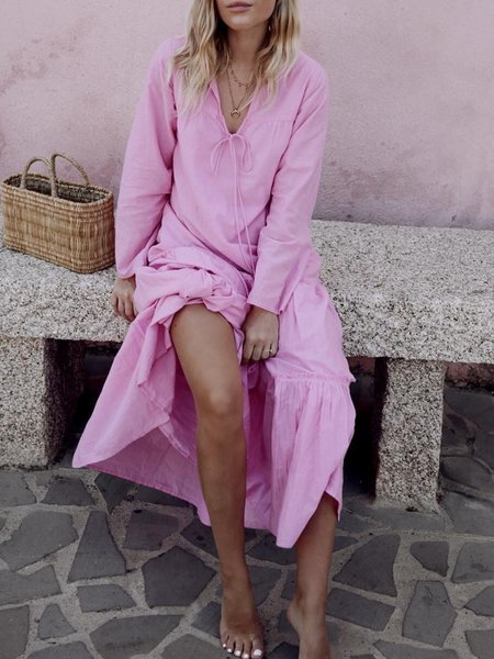 

Plus Size Casual Solid V Neck Loosen Dresses, As picture, Midi Dresses