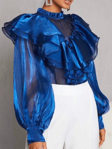

Spring Long sleeve Elegant Ruffle Collar Lightweight Date Tops, Blue, Tops