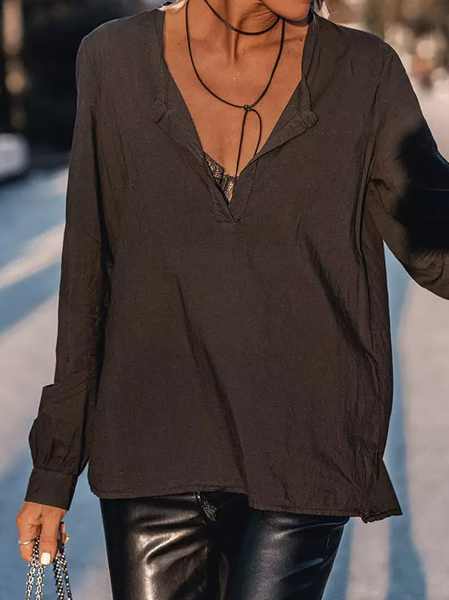 

Cotton Blends V Neck Casual Long sleeve tops, Black, Tops