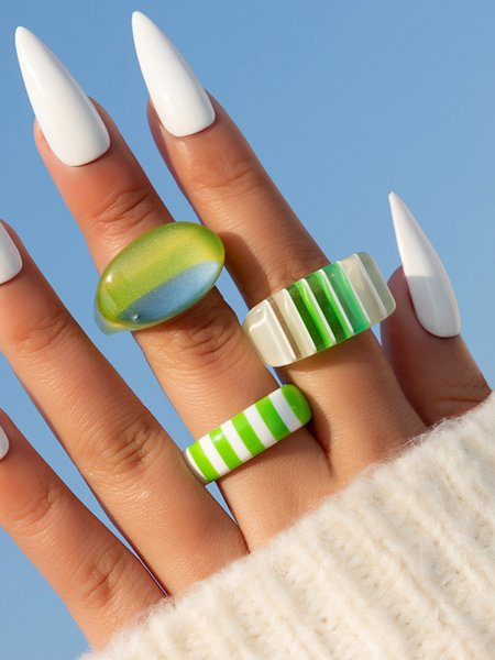 

3 Pcs Green Colorblock Striped Resin Ring, As picture, Rings