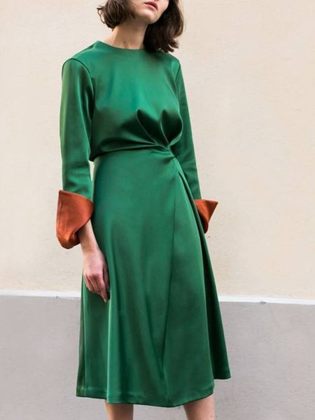 

Color Block Slim Fit Crew Neck Elegant Dress, Green, Maxi Dresses