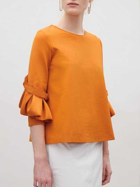 

Crew Neck Casual Solid Three Quarter Top, Orange, Tops