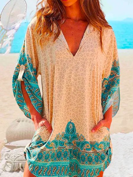 

Boho V Neck Loosen Long sleeve Woven Dress, As picture, Mini Dresses