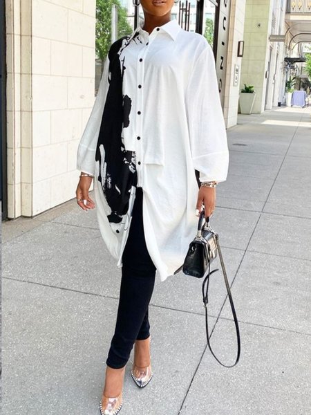 

Shirt Collar Printed Long Sleeve Top, White, Blouses and Shirts