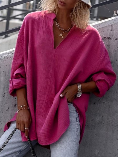 

Plus Size Casual Solid V neck Loosen Long Sleeve Long sleeve tops, Rose red, Tops