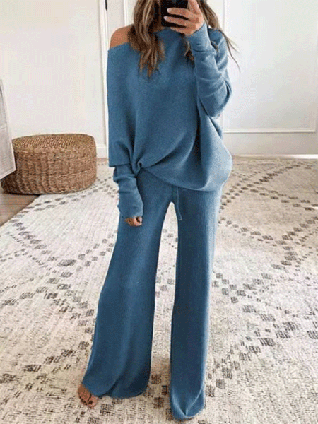 

Casual Crew Neck Plain Suits, Blue, Two-piece Outfits