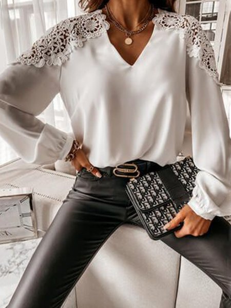 

Lace Casual V Neck Loosen Shirts & Tops, White, Tops