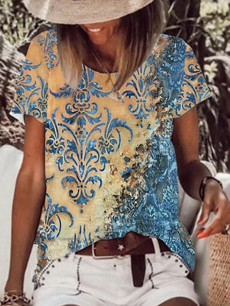 

Casual Painted Round Neck Daily Shirts & Tops, As picture, T-Shirts