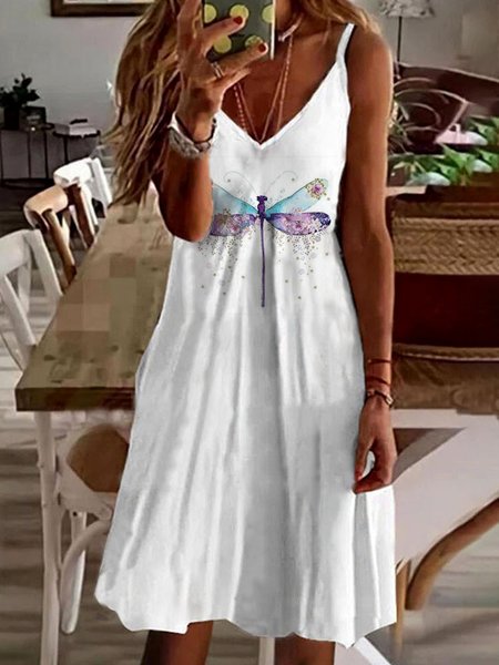 

V Neck Regular Fit Dragonfly Dresses, White, Mini Dresses
