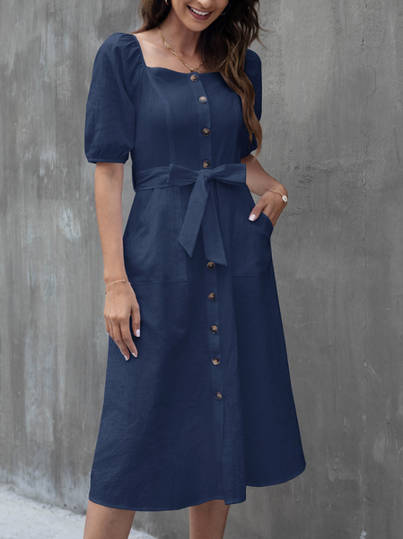 

Square Neck Plain Dresses With Belt, Navy blue, Casual Dresses