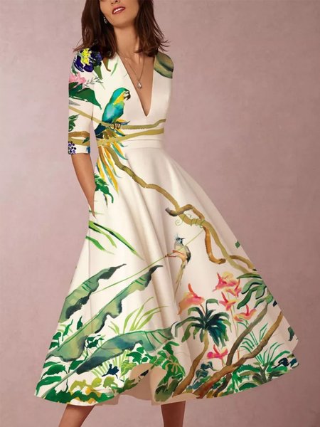 

Elegant Regular Fit Plants Midi Dress, Green, Midi Dresses