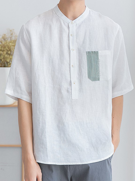 

Basic Joker Green Color Pocket leisure Cotton Shirt, White, Shirts ＆ Blouse